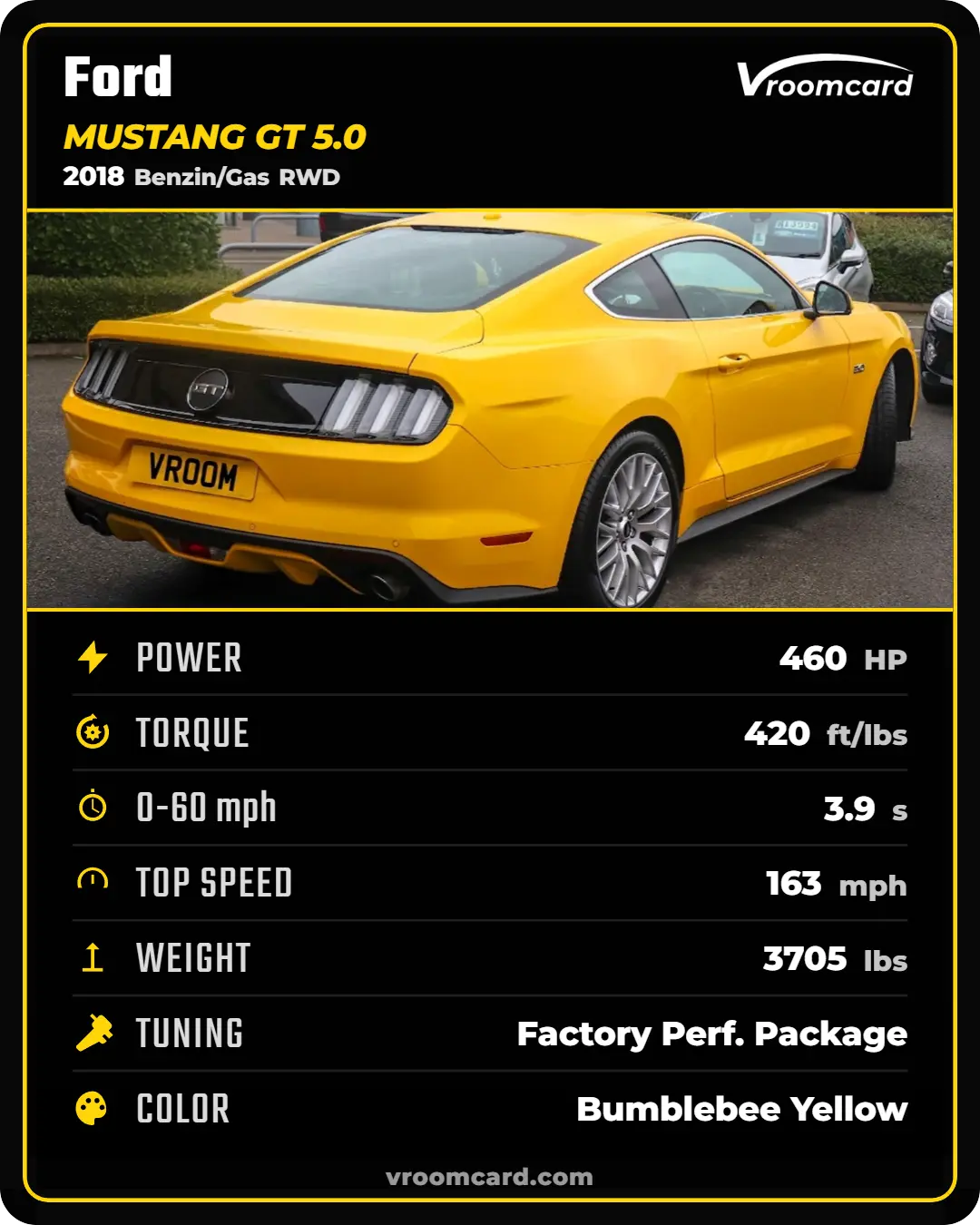 Example Vroomcard: Ford Mustang GT 5.0