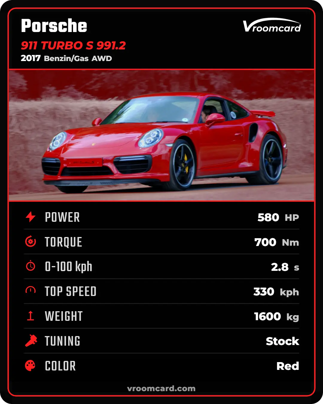 Example Vroomcard: Porsche 911 Turbo S (991.2)
